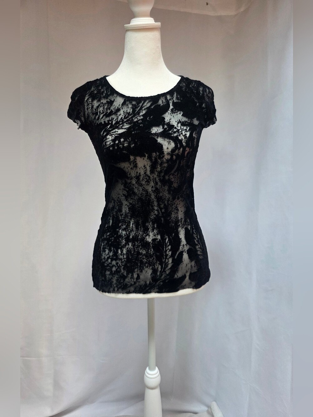 Fuzzi Italy Black Flocked Velvet Mesh Sheer Short Sleeve Top Women's Size S